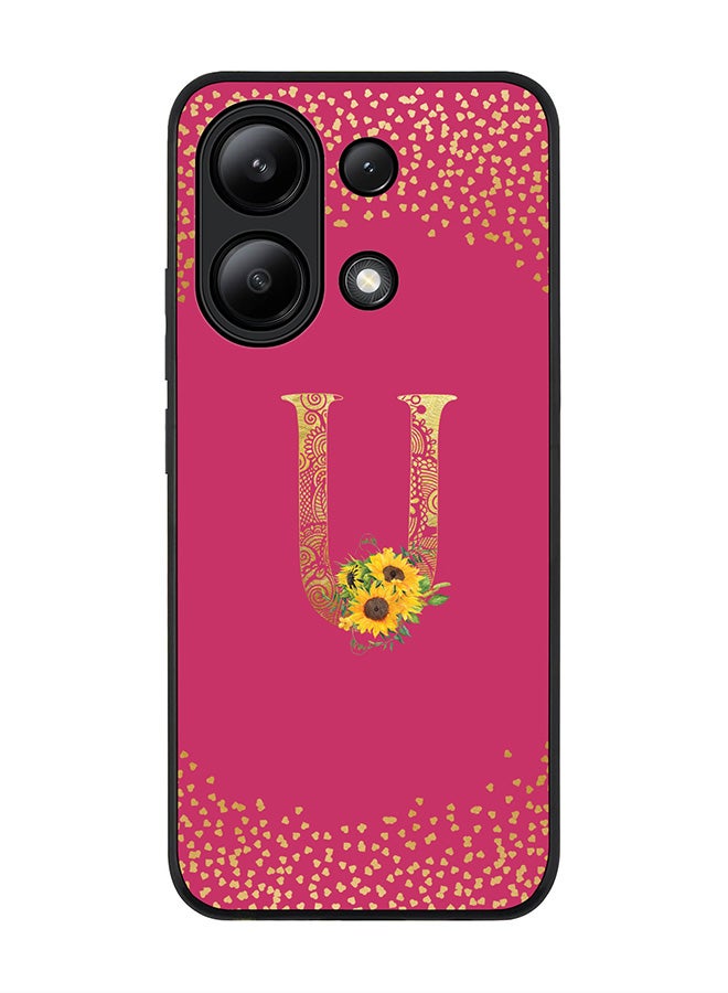 Stylizedd Rugged Black edge case for Xiaomi Redmi Note 13 4G, Custom Monogram Initial Letter Mandala Floral Pattern Alphabet - U ( Deep Pink Rose ) - Image 1