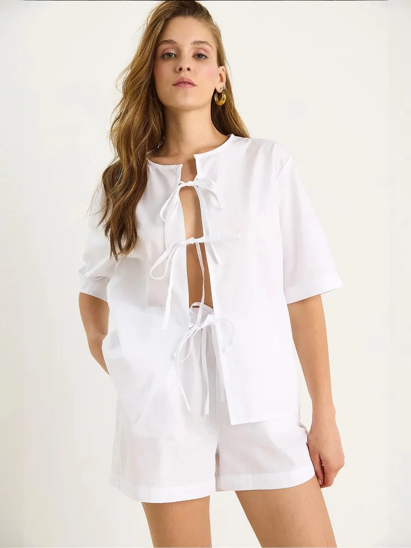 Bianco Lucci White LUCCI Oversized Crew Neck Short Two-Piece Co-Ord with Binding Detail for Women | Best Price UAE
