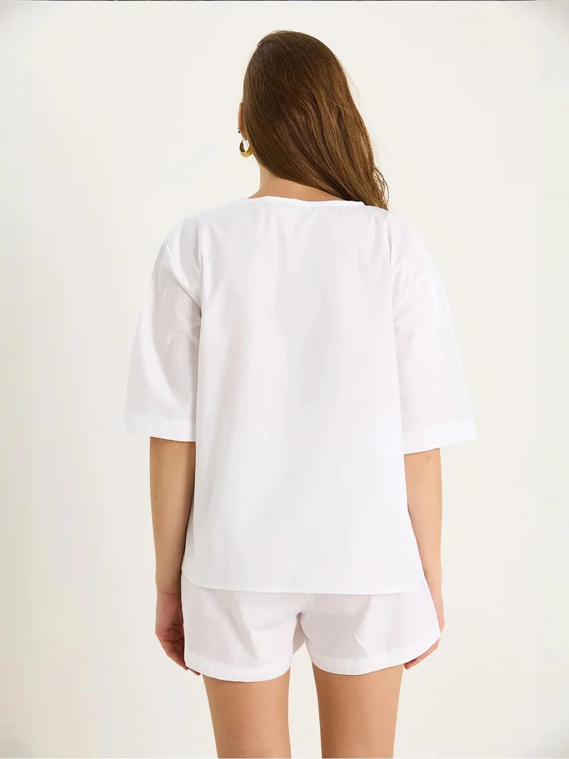 Bianco Lucci White LUCCI Oversized Crew Neck Short Two-Piece Co-Ord with Binding Detail for Women | Best Price UAE