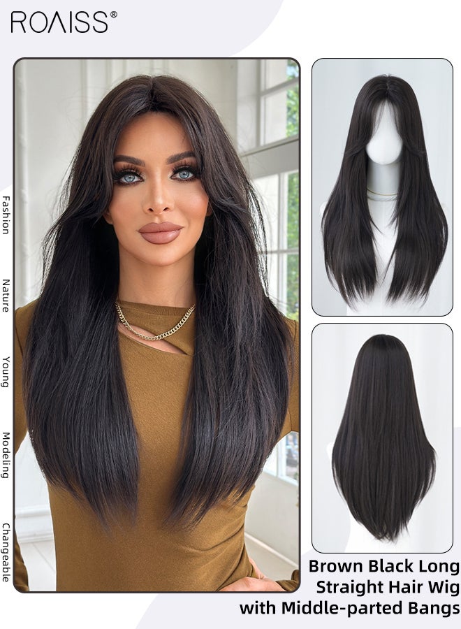 رويس باروكة شعر بني أسود طويل مستقيم، باروكة شعر نسائية طبيعية ناعمة مقاومة للحرارة، مناسبة لحفلات الزفاف والتنكر والارتداء اليومي، 70 سم (28 بوصة) - Image 1