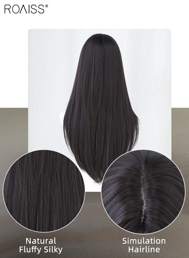 رويس باروكة شعر بني أسود طويل مستقيم، باروكة شعر نسائية طبيعية ناعمة مقاومة للحرارة، مناسبة لحفلات الزفاف والتنكر والارتداء اليومي، 70 سم (28 بوصة) - Image 4
