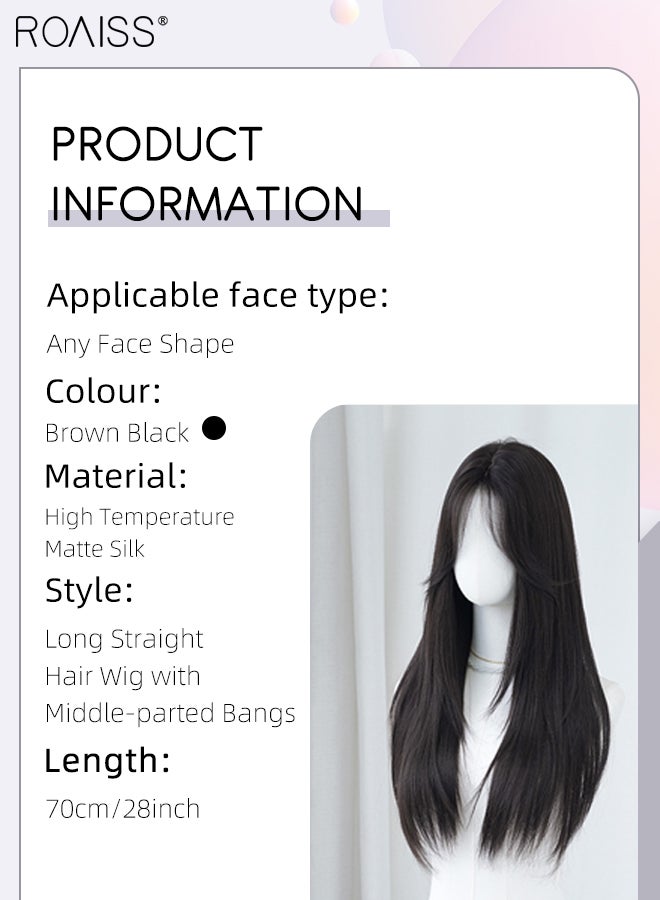 رويس باروكة شعر بني أسود طويل مستقيم، باروكة شعر نسائية طبيعية ناعمة مقاومة للحرارة، مناسبة لحفلات الزفاف والتنكر والارتداء اليومي، 70 سم (28 بوصة) - Image 2
