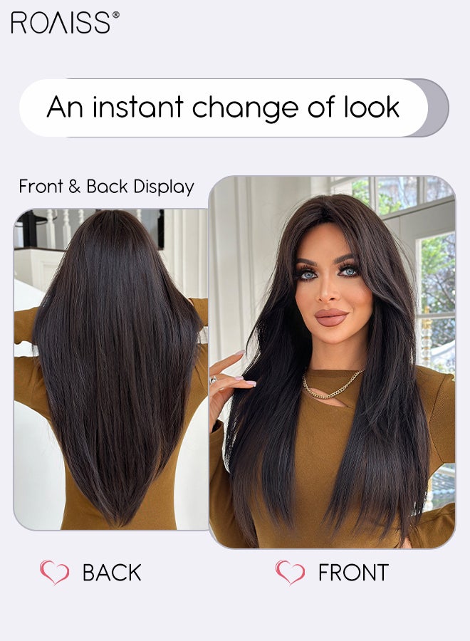 رويس باروكة شعر بني أسود طويل مستقيم، باروكة شعر نسائية طبيعية ناعمة مقاومة للحرارة، مناسبة لحفلات الزفاف والتنكر والارتداء اليومي، 70 سم (28 بوصة) - Image 3