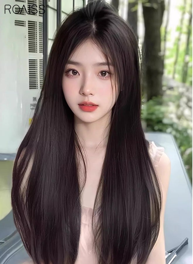 رويس باروكة شعر بني أسود طويل مستقيم، باروكة شعر نسائية طبيعية ناعمة مقاومة للحرارة، مناسبة لحفلات الزفاف والتنكر والارتداء اليومي، 70 سم (28 بوصة) - Image 5