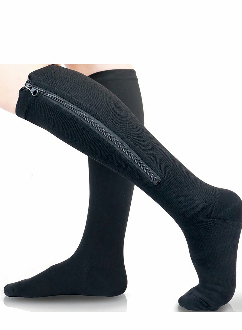 Zippered Compression Socks for Men  Women - 15-20 mmHg Support for Yoga, Gym  Edema Relief - Stylish Black Design - Image 1