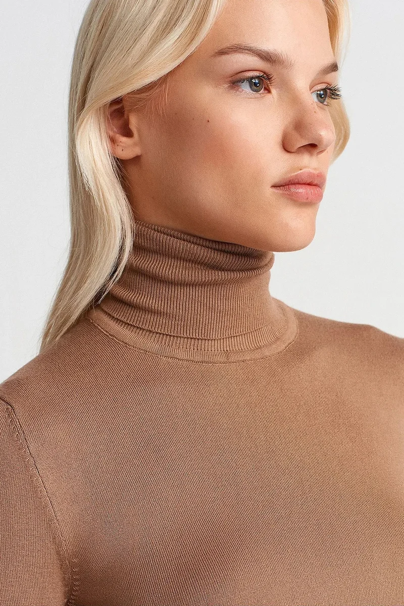 Dilvin Camel Brown DILVIN Women's Turtleneck Knit Sweater With Buttons for Women | Best Price UAE
