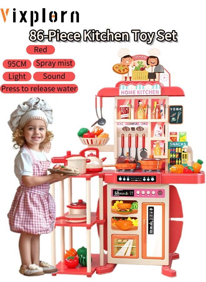 Vixplorn Kitchen Playsets 86 Pieces Kitchen Toy Set, Toy Kitchen Role Play Toy Set Role Play Cookware Kitchen Toy Set Kitchen Accessories Toy Cooking Stove Simulation Press to Release Water, Suitable for Boys and Girls (Red)  - Image 1