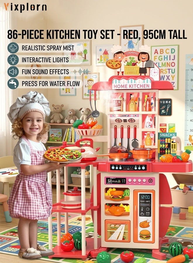 Vixplorn Kitchen Playsets,86 Pieces Kitchen Toy Set, Toy Kitchen Role Play Toy Set Role Play Cookware Kitchen Toy Set Kitchen Accessories Toy Cooking Stove Simulation Press to Release Water, Suitable for Boys and Girls (Red - Image 1