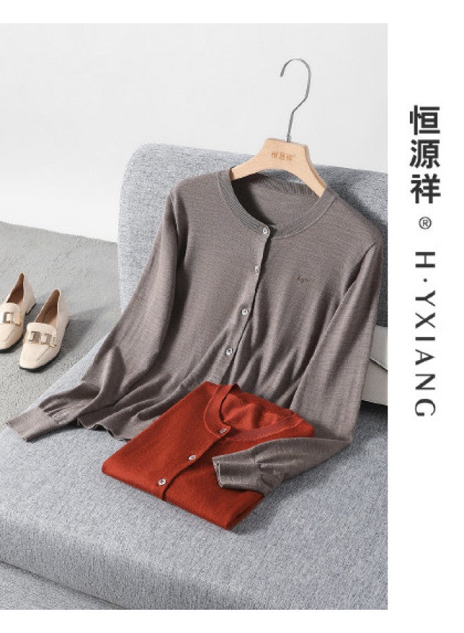 Hengyuanxiang Machine Washablewomen'S Wool Cardigan Round Neck Autumn Winter Solid Color Knitted Top Thin Style - Image 1