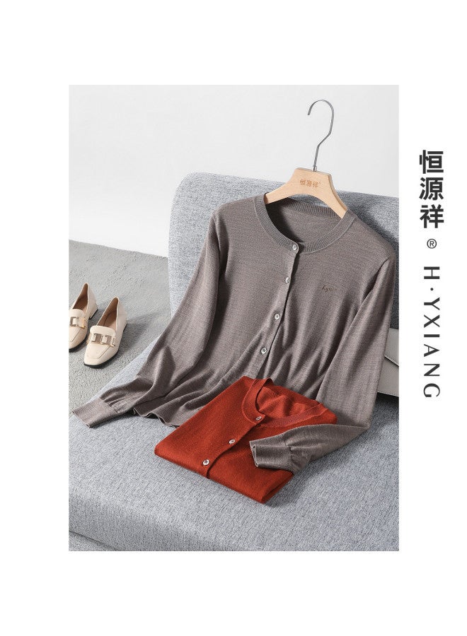 Hengyuanxiang Machine Washablewomen'S Wool Cardigan Round Neck Autumn Winter Solid Color Knitted Top Thin Style - Image 2