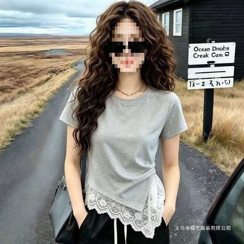 تصميم الربط الفرنسي الدانتيل قميص قصير الأكمام للنساء صيف 2026 أسلوب جديد يقلل من العمر وجميل أعلى - Image 2