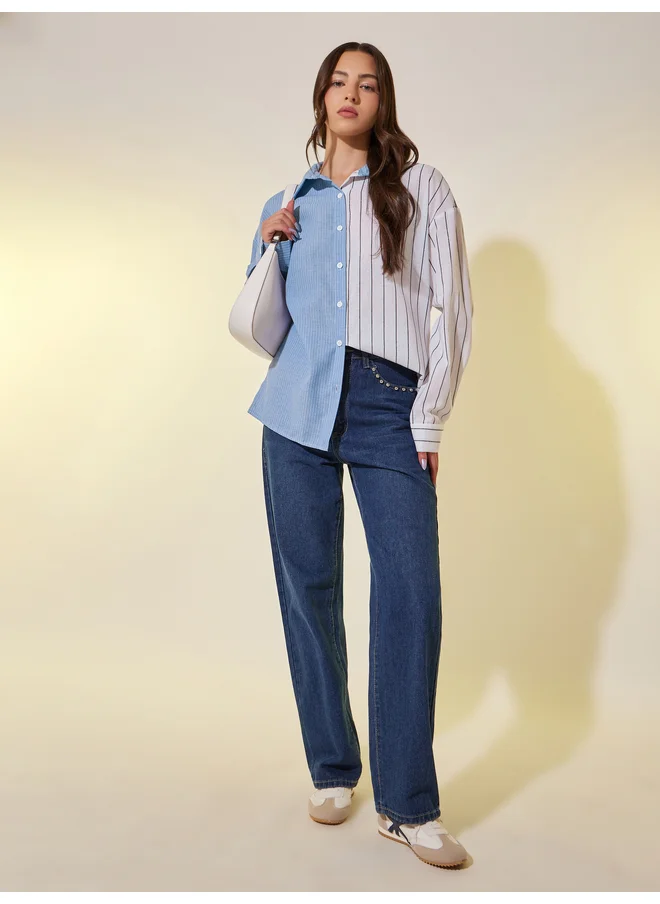 تايك تو Take Two Striped Long Sleeve Oversized Shirt
