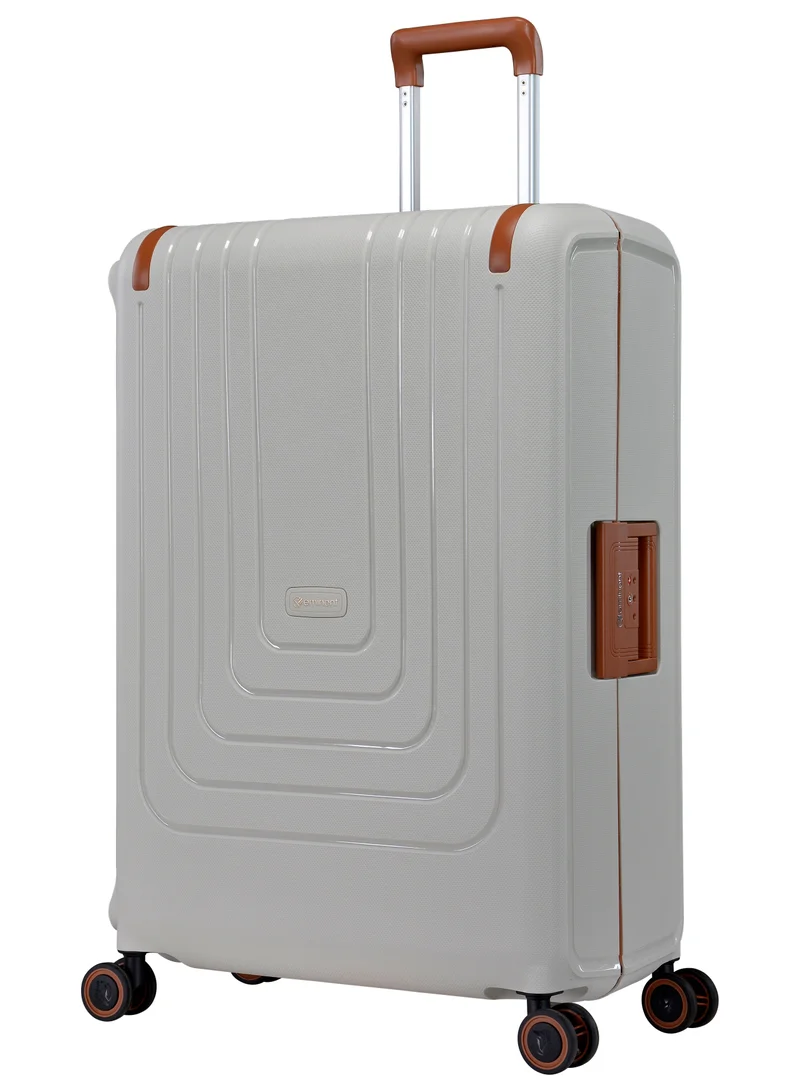 eminent Vertica Hard Case Travel Bag Large Luggage Trolley Polypropylene Lightweight Suitcase 4 Quiet Double Spinner Wheels With TSA Lock B0006 Off White Brown Trim