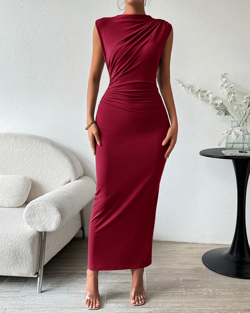 BTFBM Women Ruched Bodycon Maxi Dresses Summer Casual Sleeveless Lightweight Slit Elegant Cocktail Wedding Guest Dress(Wine Red, Medium) - Image 2