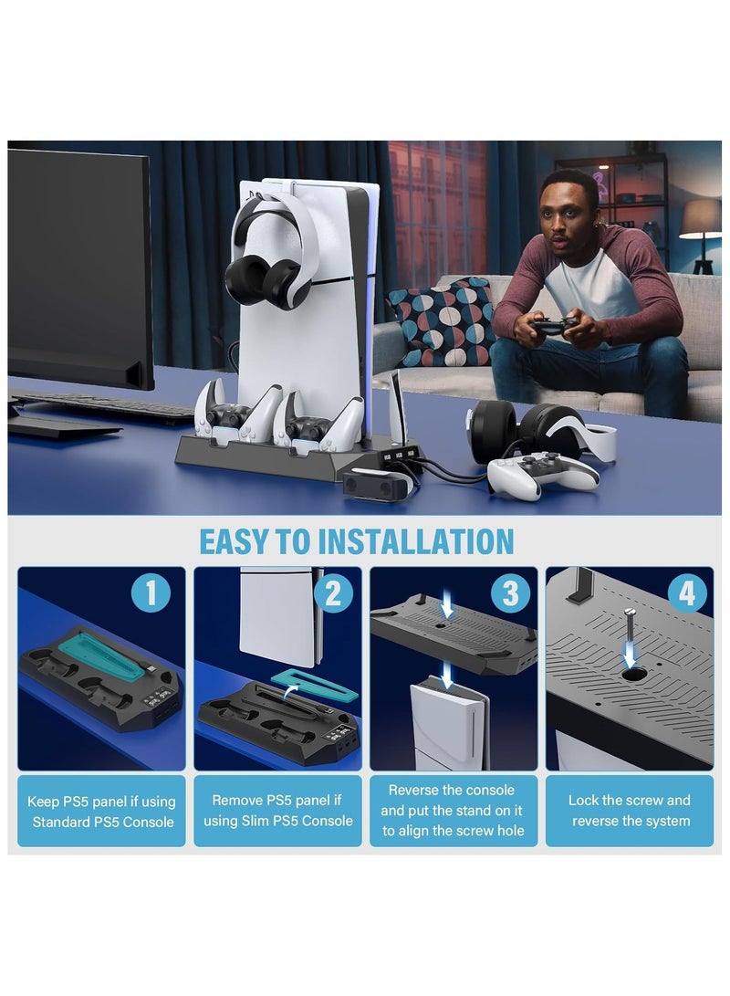 حامل PS5، حامل PS5 Slim مع محطة تبريد وشحن ومصباح LED RGB - يناسب وحدات تحكم PS5 القياسية والنحيفة (قرص/رقمي) | شاحن مزدوج لوحدة التحكم، ومروحة توربو، و3 منافذ USB وحامل سماعة رأس، أسود - Image 4