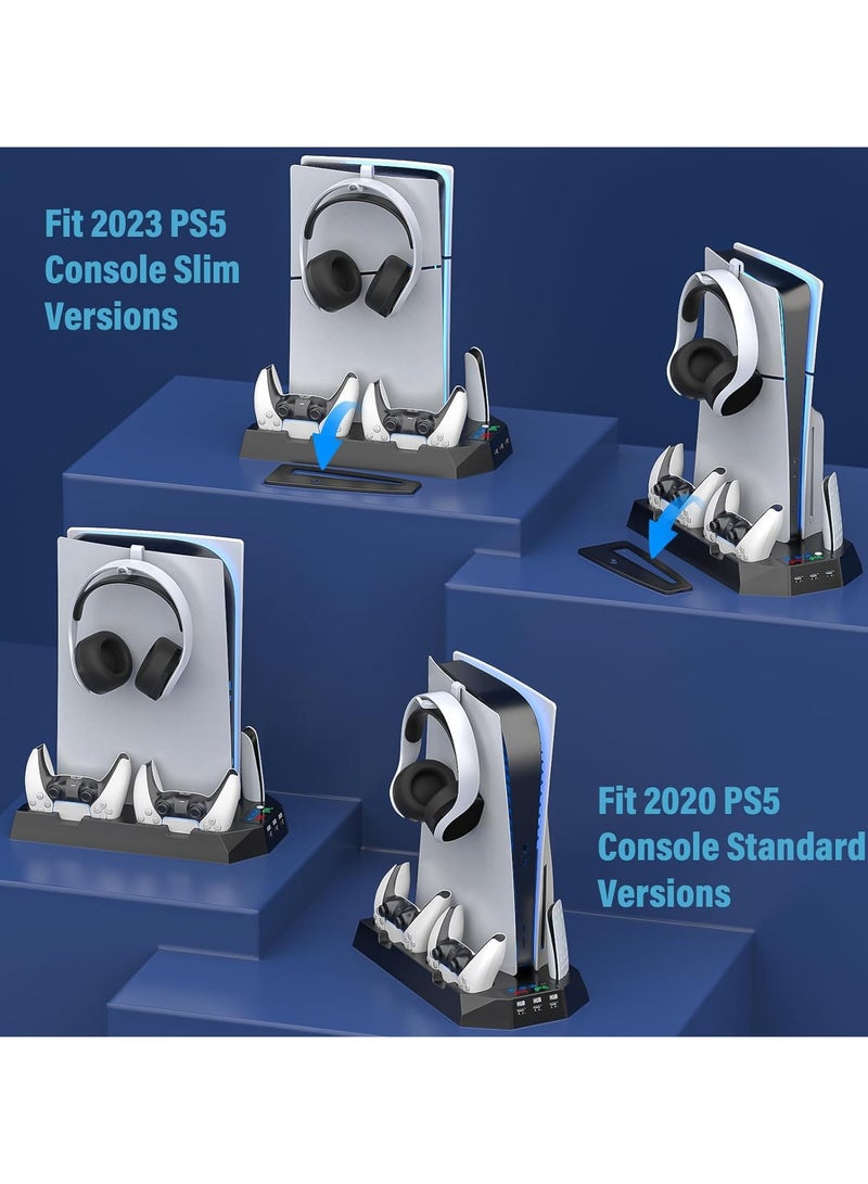 حامل PS5، حامل PS5 Slim مع محطة تبريد وشحن ومصباح LED RGB - يناسب وحدات تحكم PS5 القياسية والنحيفة (قرص/رقمي) | شاحن مزدوج لوحدة التحكم، ومروحة توربو، و3 منافذ USB وحامل سماعة رأس، أسود - Image 2