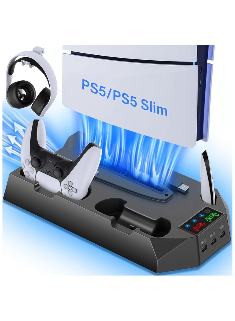 حامل PS5، حامل PS5 Slim مع محطة تبريد وشحن ومصباح LED RGB - يناسب وحدات تحكم PS5 القياسية والنحيفة (قرص/رقمي) | شاحن مزدوج لوحدة التحكم، ومروحة توربو، و3 منافذ USB وحامل سماعة رأس، أسود - Image 1