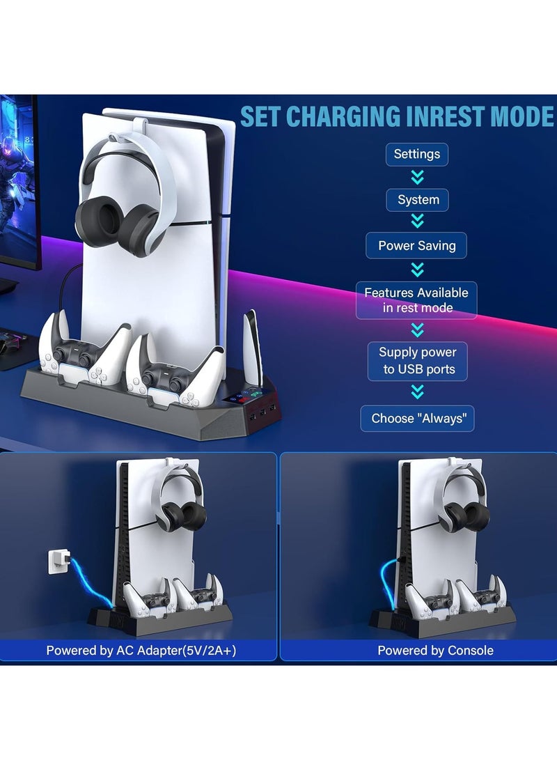 حامل PS5، حامل PS5 Slim مع محطة تبريد وشحن ومصباح LED RGB - يناسب وحدات تحكم PS5 القياسية والنحيفة (قرص/رقمي) | شاحن مزدوج لوحدة التحكم، ومروحة توربو، و3 منافذ USB وحامل سماعة رأس، أسود - Image 3