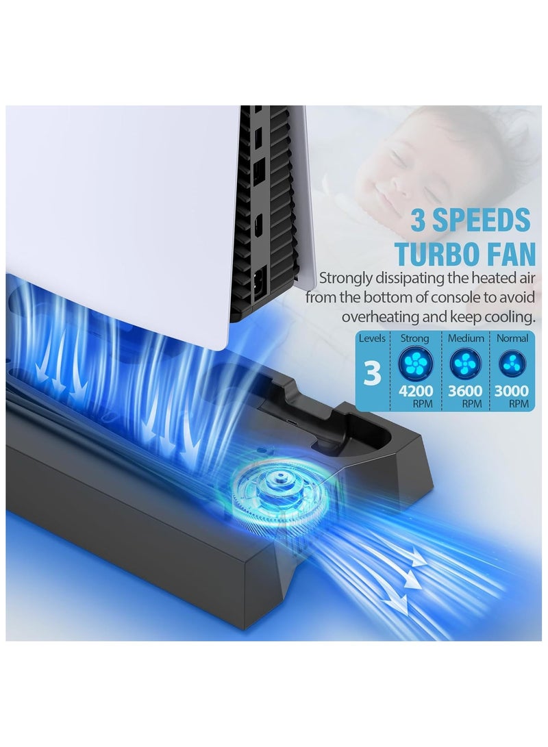 حامل PS5، حامل PS5 Slim مع محطة تبريد وشحن ومصباح LED RGB - يناسب وحدات تحكم PS5 القياسية والنحيفة (قرص/رقمي) | شاحن مزدوج لوحدة التحكم، ومروحة توربو، و3 منافذ USB وحامل سماعة رأس، أسود - Image 5