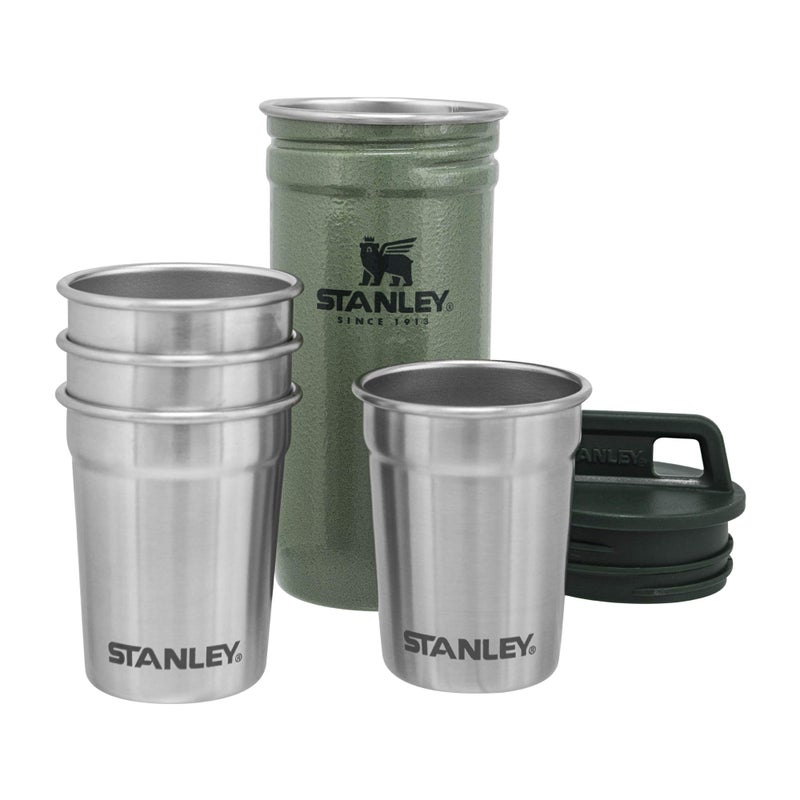 Stanley Stanley Adventure Nesting Shot Glass Set, 4 Stainless Steel Shot Glasses with Rugged Metal Travel Carry Case, Camping Gifts, Hammertone Green, 2oz  - Image 1