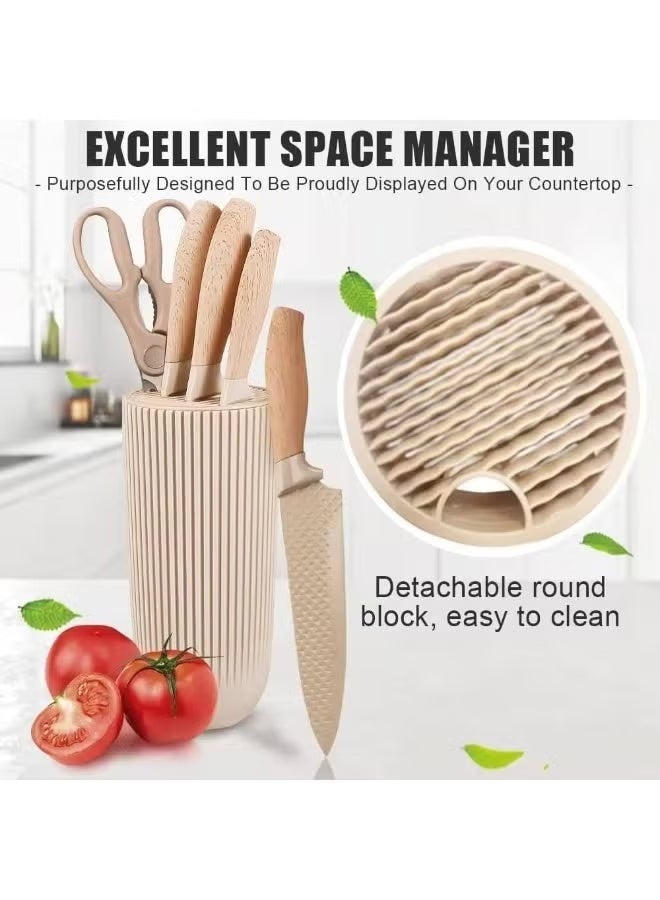 مجموعة سكاكين احترافية من الفولاذ المقاوم للصدأ مكونة من 6 قطع مع كتلة عالمية تتضمن سكاكين الشيف واليابانية والأدوات ومقص المطبخ وشفرات غير لاصقة ومقابض مريحة للطهي اليومي كاكي - Image 5