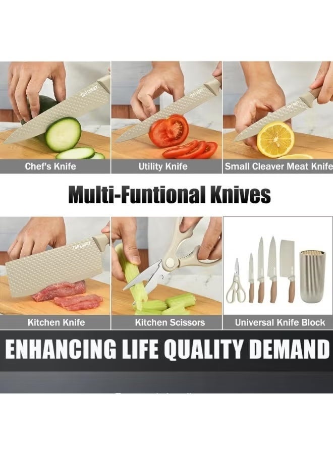 مجموعة سكاكين احترافية من الفولاذ المقاوم للصدأ مكونة من 6 قطع مع كتلة عالمية تتضمن سكاكين الشيف واليابانية والأدوات ومقص المطبخ وشفرات غير لاصقة ومقابض مريحة للطهي اليومي كاكي - Image 2