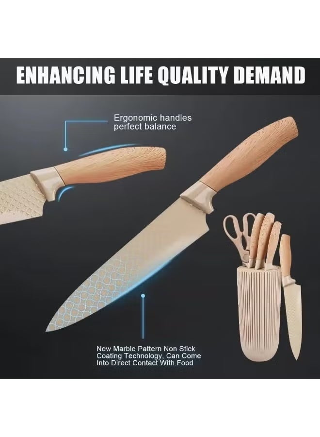 مجموعة سكاكين احترافية من الفولاذ المقاوم للصدأ مكونة من 6 قطع مع كتلة عالمية تتضمن سكاكين الشيف واليابانية والأدوات ومقص المطبخ وشفرات غير لاصقة ومقابض مريحة للطهي اليومي كاكي - Image 3