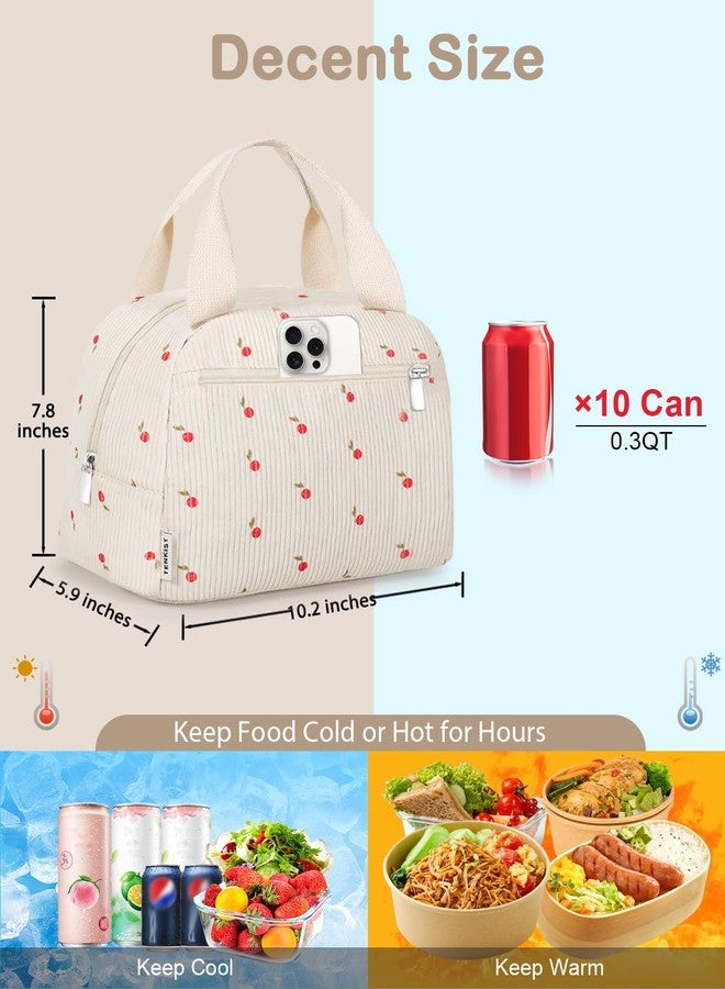 TENKIST Cute Lunch Box Tote Bag - Corduroy Insulated Cooler Bags for Women - Lightweight Reusable Portable Soft Lunch Pail Kit for Kids Teen Girl Adults Work School Picnic Travel Cherry 8L - Image 5