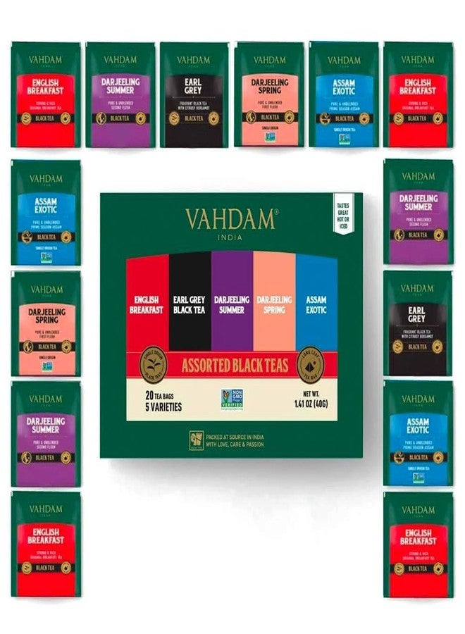 VAHDAM, Assorted Black Tea Bags Sampler (5 Flavors, 20 Ecofriendly Pyramid Tea bags) I Gift Ideas for Women & Men | Assam and Darjeeling Teas | Gluten Free & Non GMO | Gifts for Him/Her - Image 1