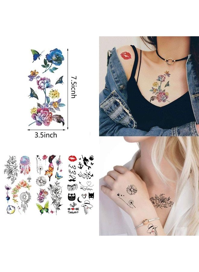Pinone 60 Sheets Waterproof Butterfly Flower Temporary Tattoos Stickers for Women,Multiple Design Styles - Image 2