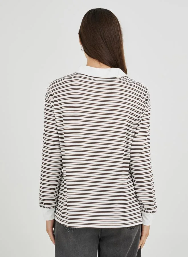 Take Two Take Two Brown Striped Oversized Polo T-Shirt