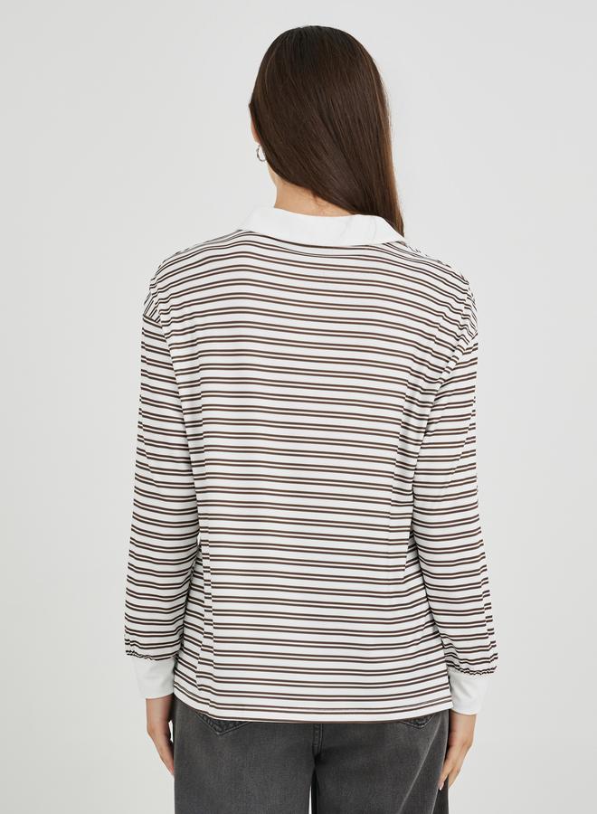 Take Two Brown Striped Oversized Polo T-Shirt - Image 5