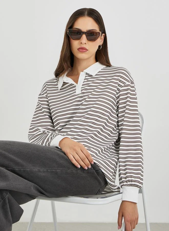 Take Two Take Two Brown Striped Oversized Polo T-Shirt