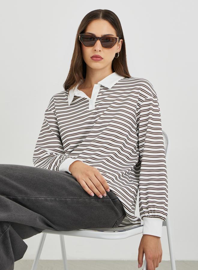Take Two Brown Striped Oversized Polo T-Shirt - Image 1