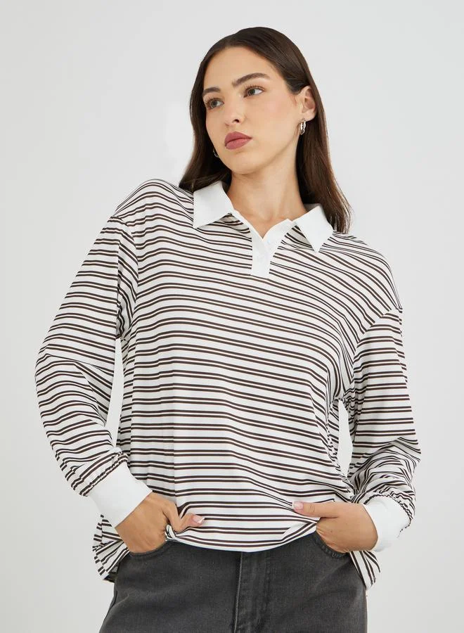 Take Two Take Two Brown Striped Oversized Polo T-Shirt