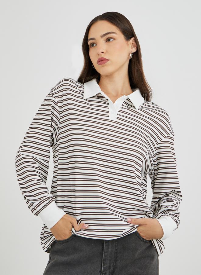 Take Two Brown Striped Oversized Polo T-Shirt - Image 3