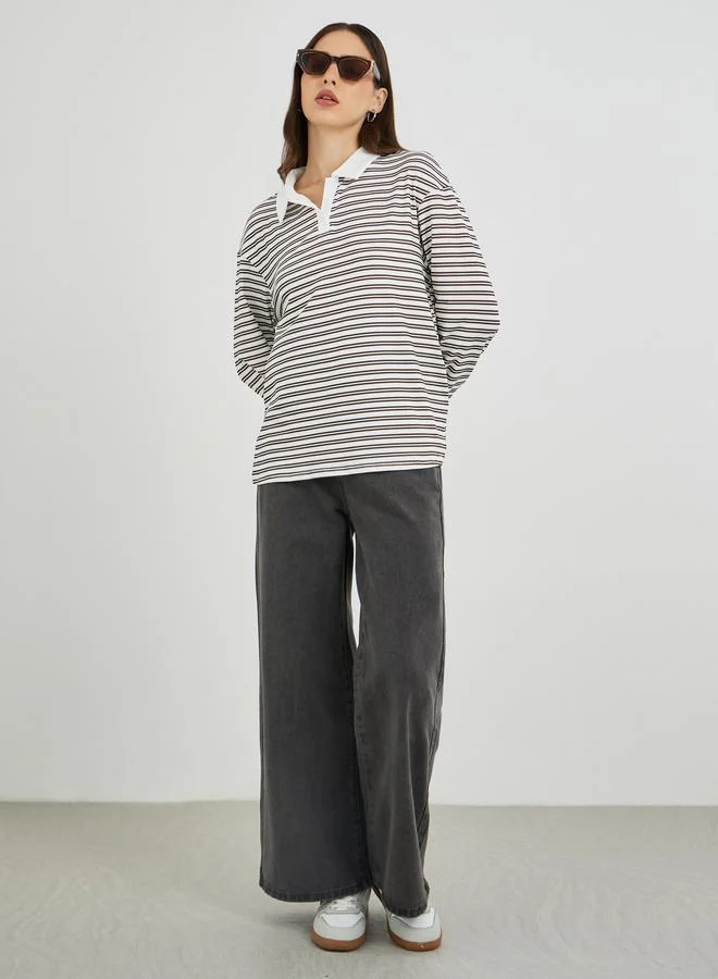 Take Two Take Two Brown Striped Oversized Polo T-Shirt