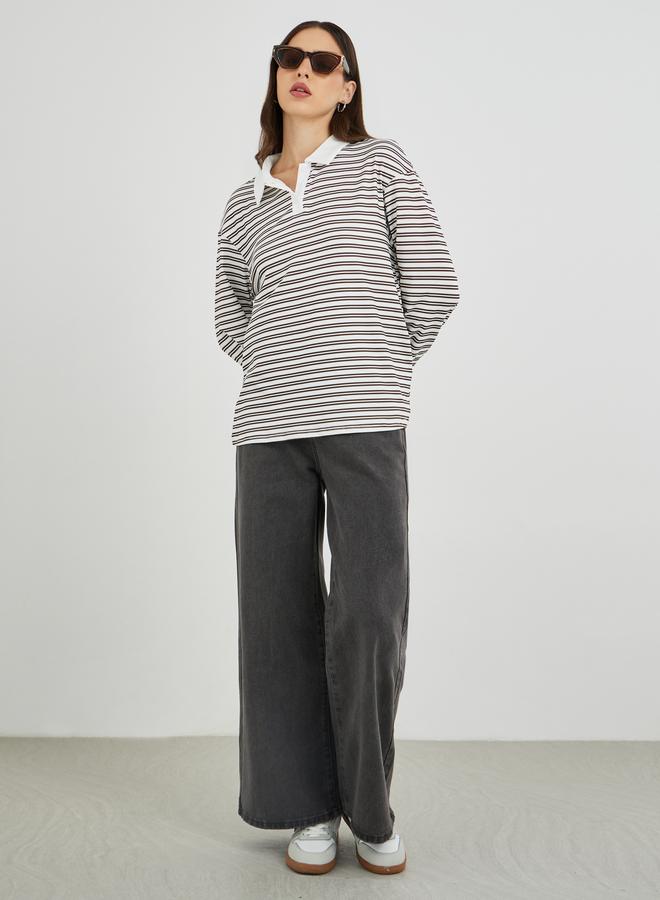 Take Two Brown Striped Oversized Polo T-Shirt - Image 2