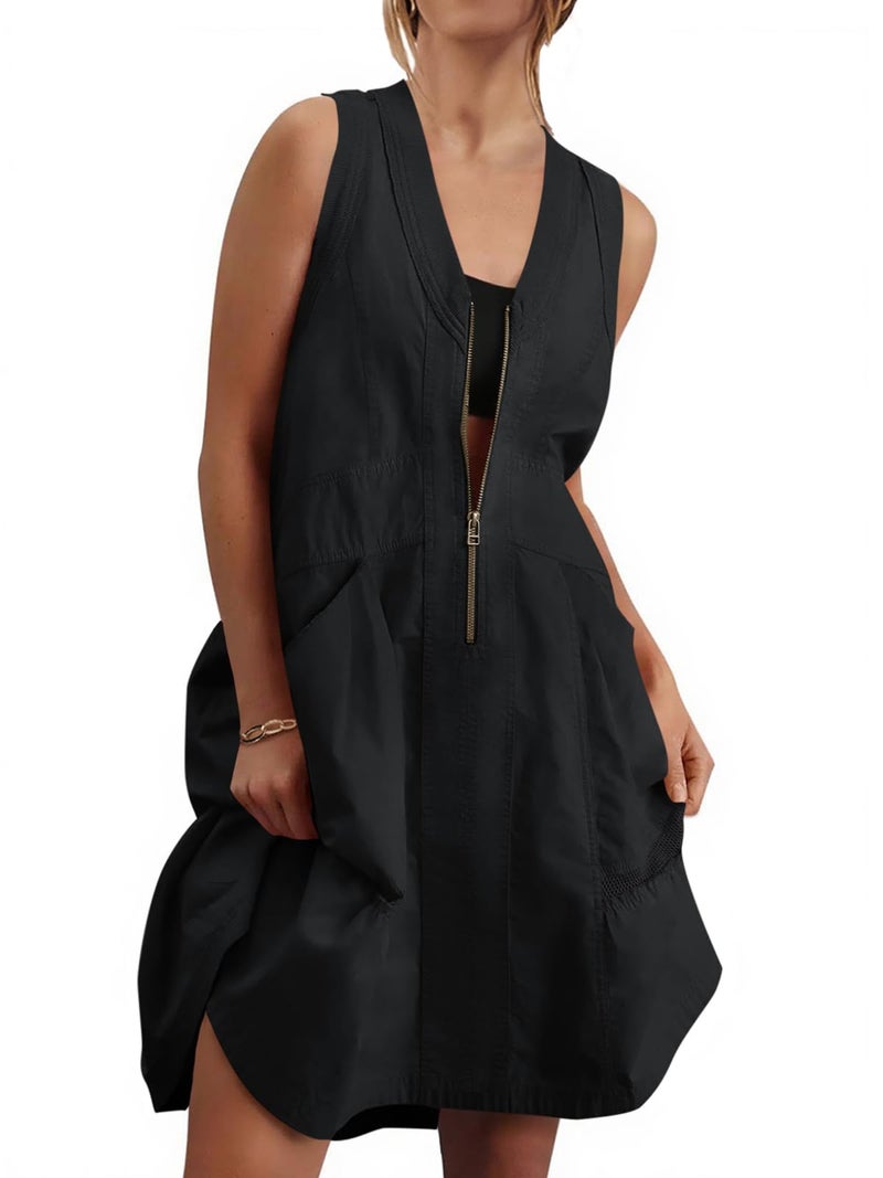 Fisoew Women's Sleeveless Tank Mini Dress Casual Half Zip V Neck Loose Mesh Back Utility Summer Dresses with Pockets Black - Image 1