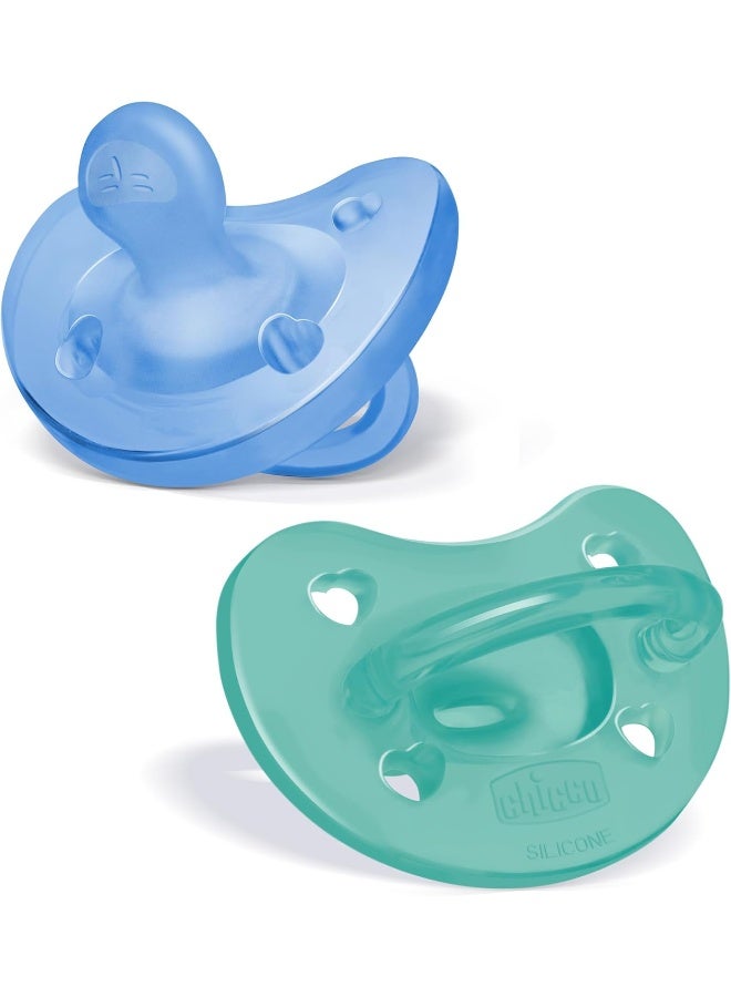 Chicco لهاية شيكو فيزيوفورما 100% سيليكون ناعم قطعة واحدة للأطفال من 6-16 شهر | خالية من BPA واللاتكس | علبة قابلة لإعادة الاستخدام | أزرق/أخضر، 2 حبة - Image 1