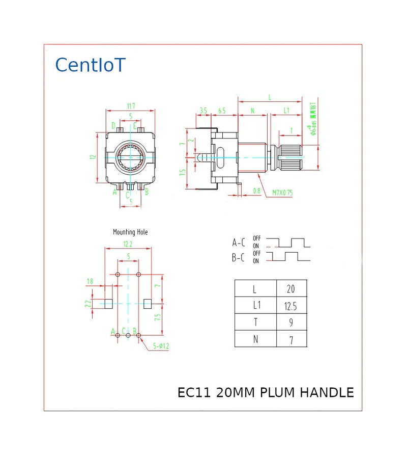 CentIoT - EC11 10K Rotary Encoder - Digital Potentiometer Coding Volume Control with switch - 5 Pin 20mm Plum handle (2PCS) - Image 5