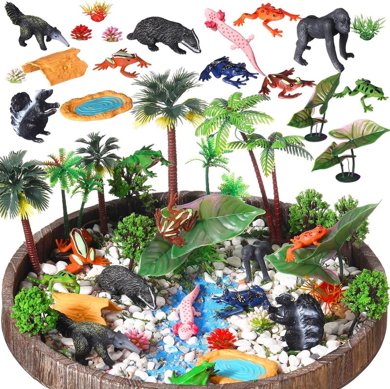 Sratte 26 Pcs Rainforest Animals Figures Playset Include Jungle Animals Figures Model Trees Rain Forest Diorama Project Supplies for Cake Topper Toddlers Gift Birthday Party DecorTray Not Included - Image 1