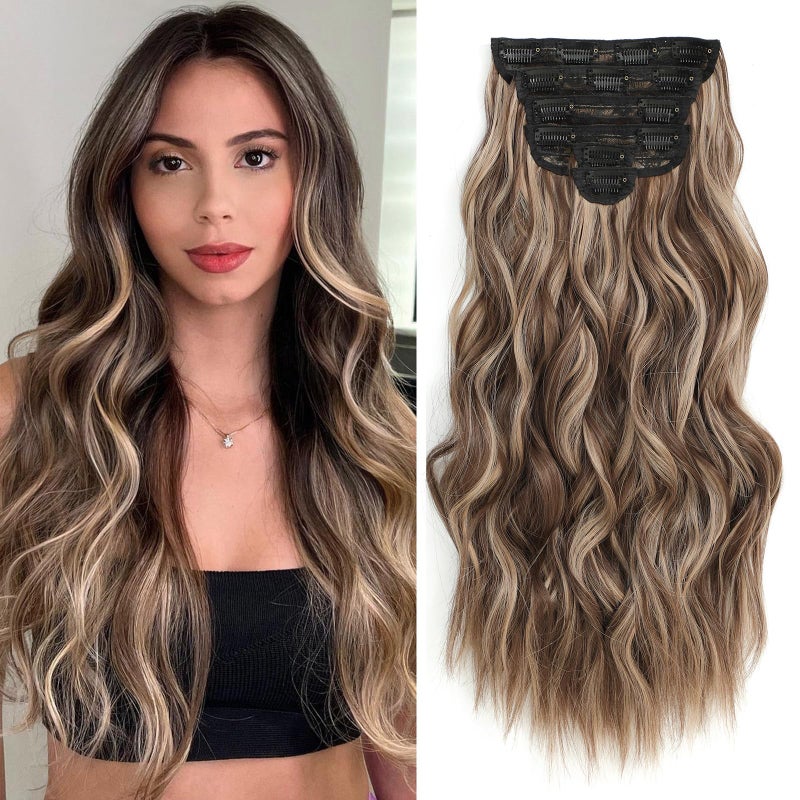 Fliace Clip in Long Wavy Synthetic Hair Extensions 20 Inch Light Brown with Blonde Highlights 6PCS Thick Hairpieces Fiber Double Weft Hair for Women - Image 2