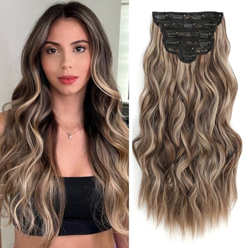 Fliace Clip in Long Wavy Synthetic Hair Extensions 20 Inch Light Brown with Blonde Highlights 6PCS Thick Hairpieces Fiber Double Weft Hair for Women - Image 1