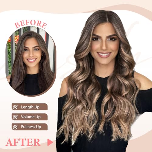 Fliace Clip in Long Wavy Synthetic Hair Extensions 20 Inch Light Brown with Blonde Highlights 6PCS Thick Hairpieces Fiber Double Weft Hair for Women - Image 3