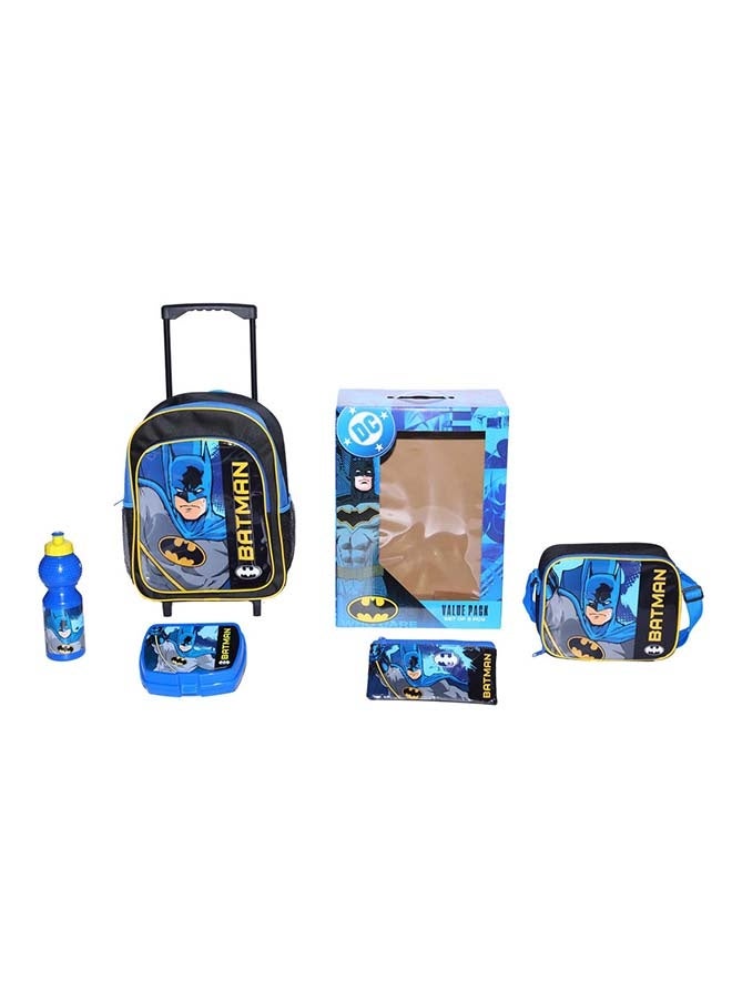 Warner Bros. DC Batman 5 in 1 Value Pack (14" Trolley Bag with Lunch Box, Lunch bag, Water Bottle and Pencil Case)