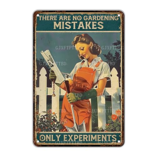 GJXFTPTTBD Metal Garden Tin Sign There Are No Gardening Mistakes Funny Gardening Sign for Yard Patio Greenhouse Farmhouse Wall Art Gift 12x8 Inch - Image 1