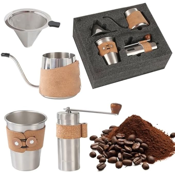HASTHIP V60 Coffee Maker Gift Set 4Pcs V60 Dripper Brewing Kit With Stainless Steel Reusable Filter Gooseneck Kettle Manual Hand Grinder Travel Mug Portable Manual Coffee Maker For Camping - Image 1
