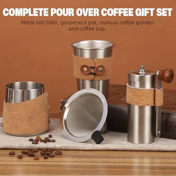 HASTHIP V60 Coffee Maker Gift Set 4Pcs V60 Dripper Brewing Kit With Stainless Steel Reusable Filter Gooseneck Kettle Manual Hand Grinder Travel Mug Portable Manual Coffee Maker For Camping - Image 5