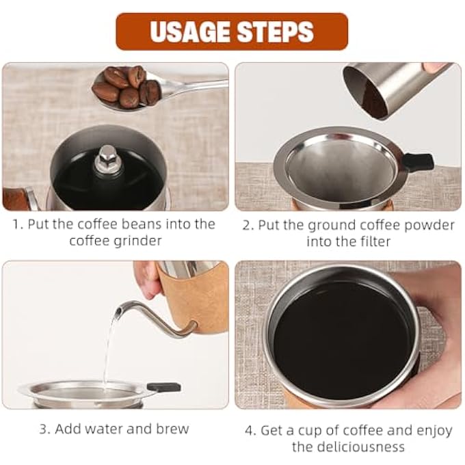 HASTHIP V60 Coffee Maker Gift Set 4Pcs V60 Dripper Brewing Kit With Stainless Steel Reusable Filter Gooseneck Kettle Manual Hand Grinder Travel Mug Portable Manual Coffee Maker For Camping - Image 4
